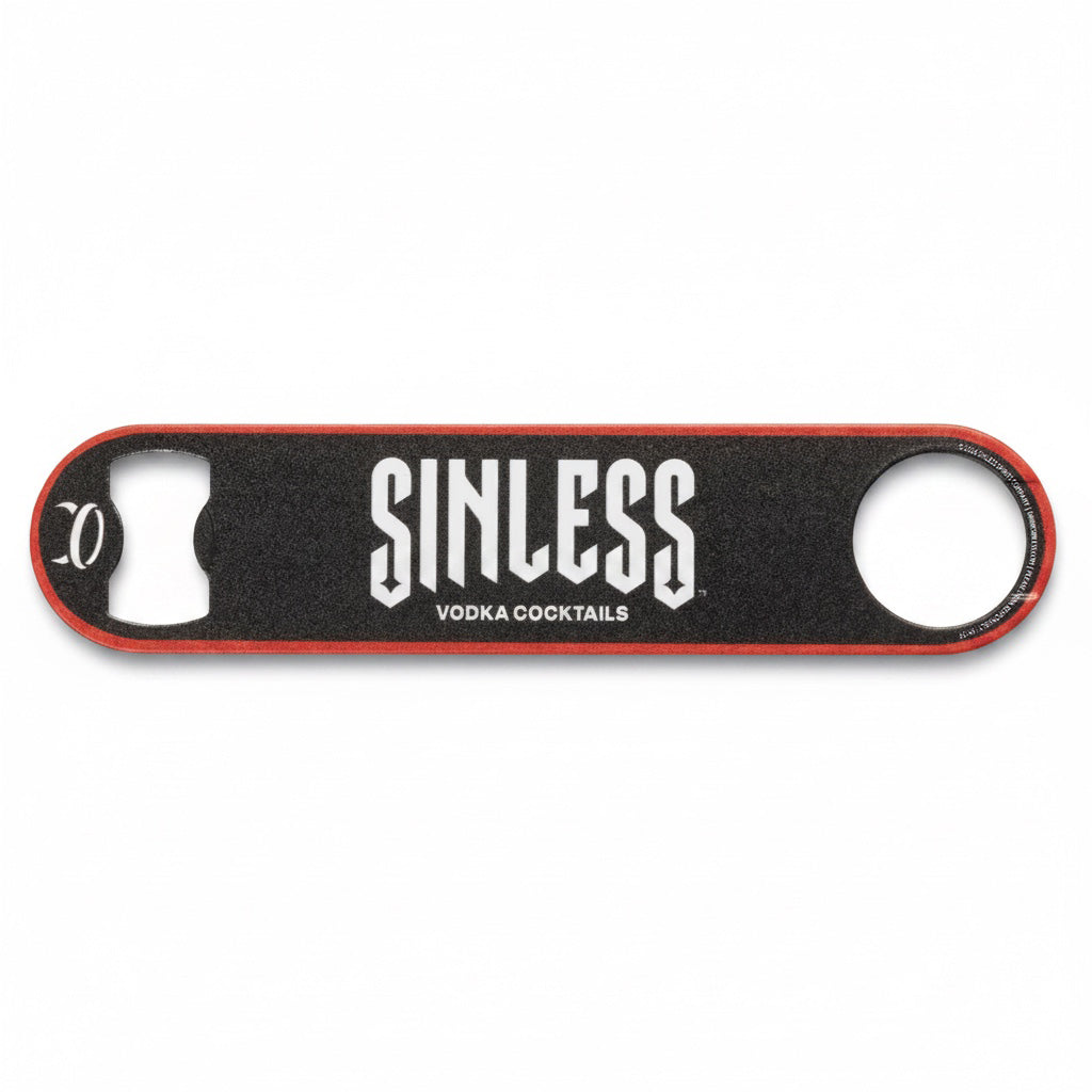 A black and red Sinless Vodka Cocktails bottle opener on a white background.