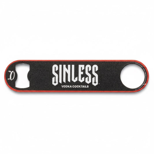 A black and red Sinless Vodka Cocktails bottle opener on a white background.