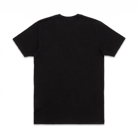 A plain black short-sleeve crewneck t-shirt shown from the back, laid flat against a solid white background.
