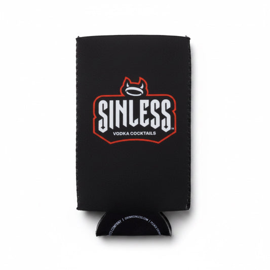 A black neoprene can cooler sleeve featuring the 'Sinless Vodka Cocktails' logo in white and red, shown on a clean white background.
