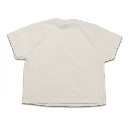A plain cream-colored short-sleeve t-shirt shown from the back, laid flat against a white background.