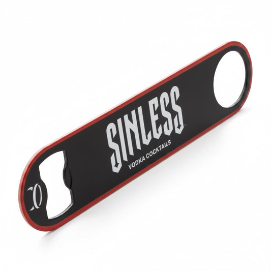 A black and red Sinless Vodka Cocktails metal bottle opener with a white logo, shown on a clean white background.