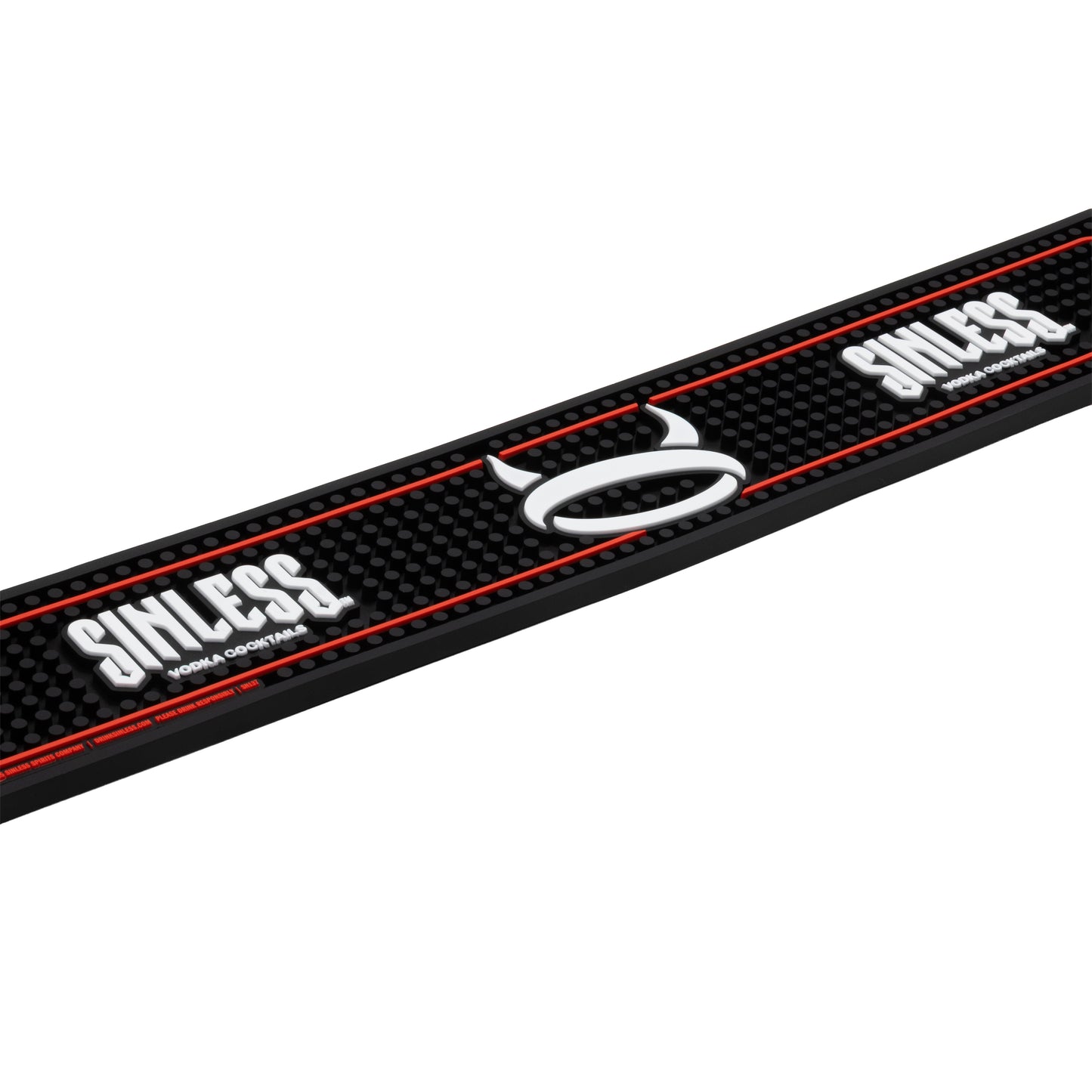 A close-up of a black textured bar mat with red border lines and white 'SINLESS' branding and logo, shown diagonally on a white background.