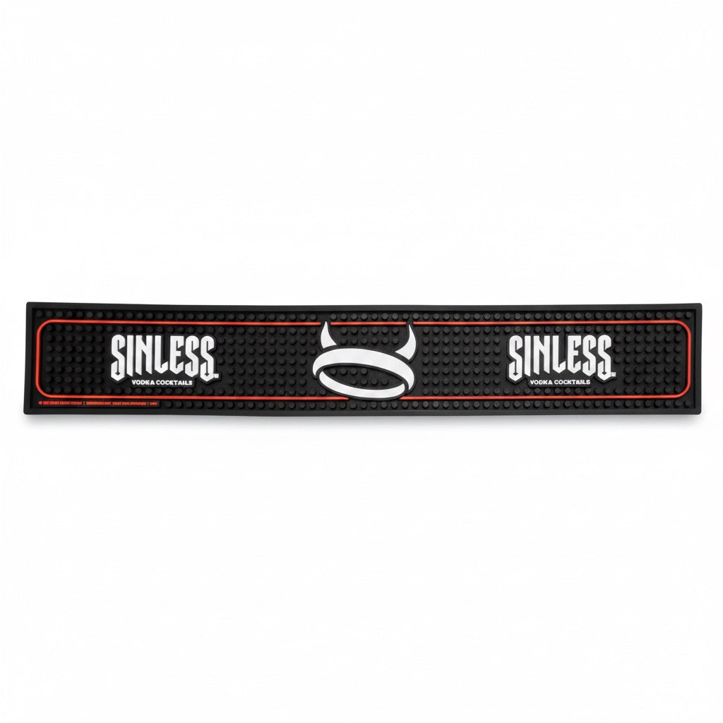 A black textured rectangular mat with red stitched borders and white 'SINLESS' branding on both ends, plus a central white horned logo, shown on a plain white background.