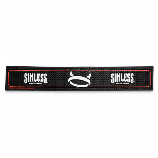 A black textured rectangular mat with red stitched borders and white 'SINLESS' branding on both ends, plus a central white horned logo, shown on a plain white background.