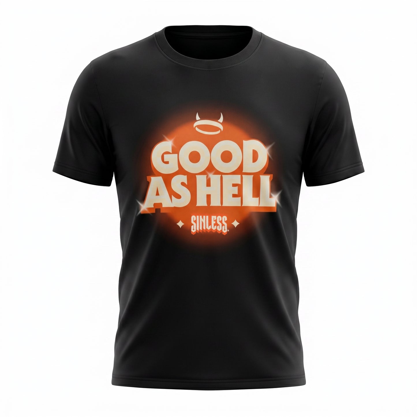 A black short-sleeve crewneck t-shirt featuring a bold graphic on the chest that reads 'GOOD AS HELL' in white letters with a glowing orange halo and 'Sinless' written below in a stylized font.
