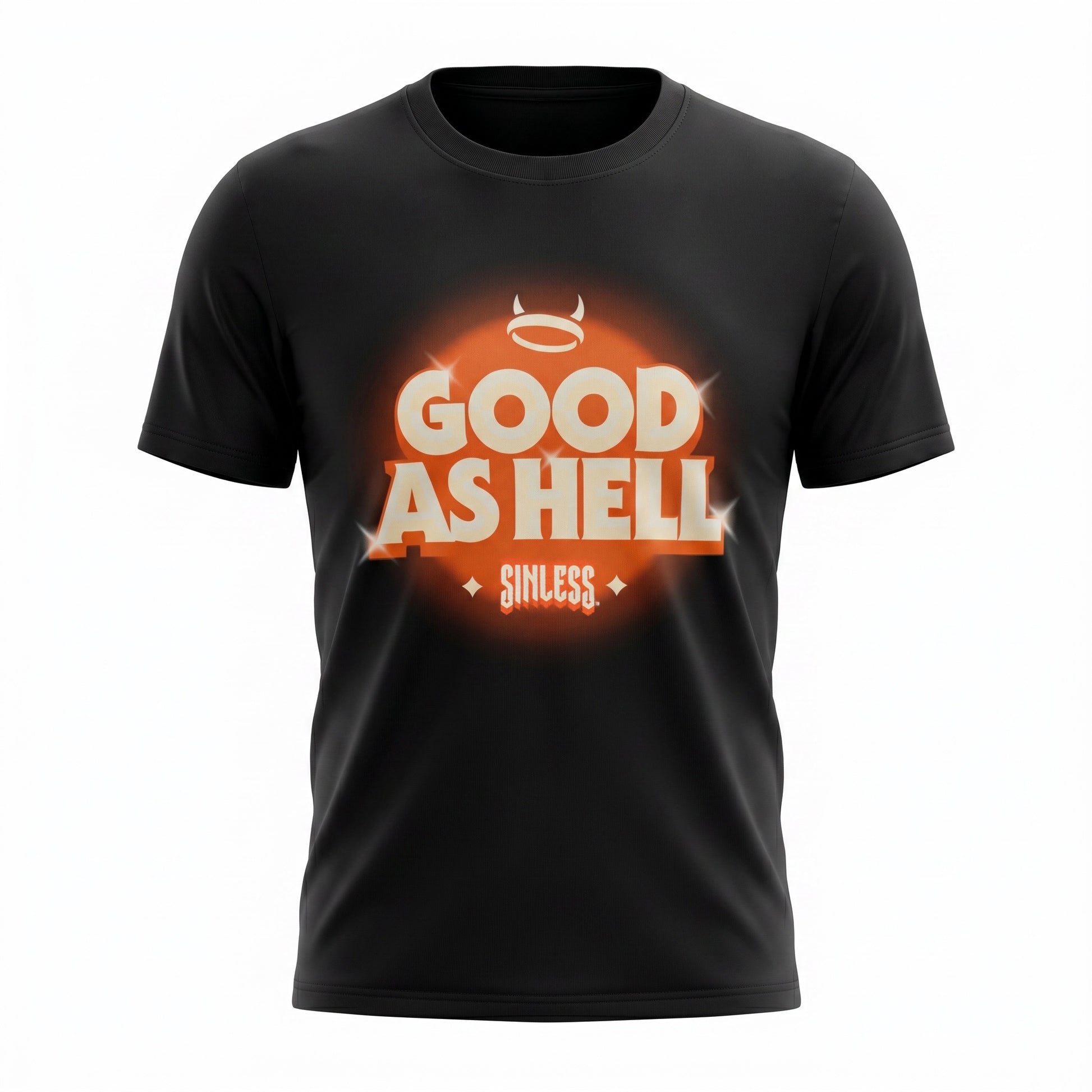 A black short-sleeve crewneck t-shirt featuring a bold graphic on the chest that reads 'GOOD AS HELL' in white letters with a glowing orange halo and 'Sinless' written below in a stylized font.