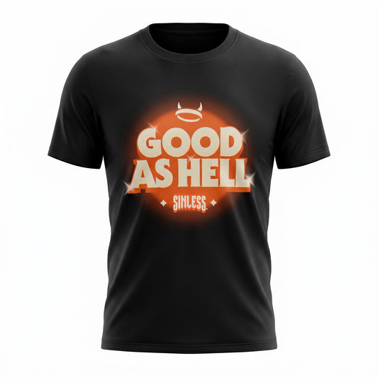 A black short-sleeve crewneck t-shirt featuring a bold graphic on the chest that reads 'GOOD AS HELL' in white letters with a glowing orange halo and 'Sinless' written below in a stylized font.