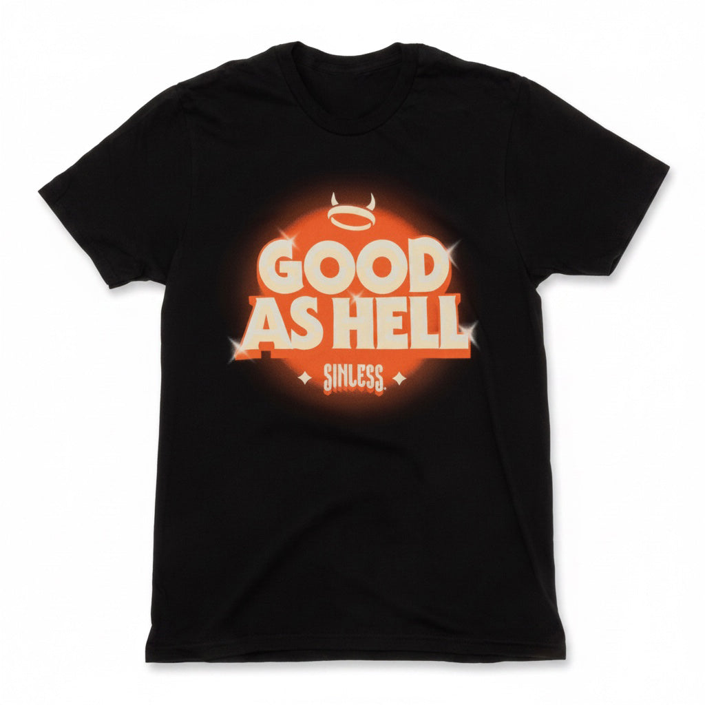 A black short-sleeve crewneck t-shirt featuring a graphic print on the front with the text 'GOOD AS HELL' in white with a red-orange glow, and 'Sinless' written below in a stylized font.