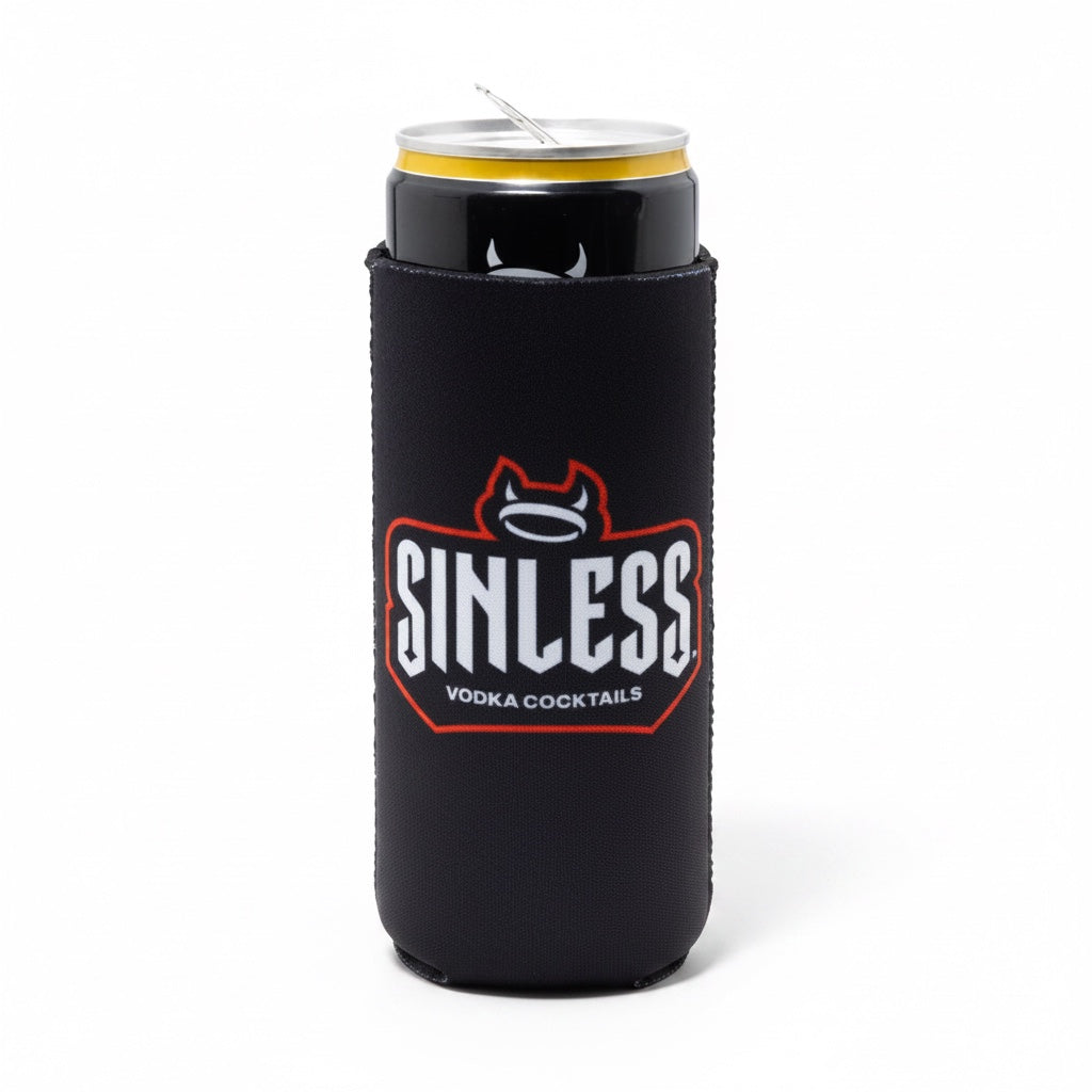 A black neoprene can cooler sleeve with a silver and black aluminum can inserted, featuring the 'Sinless Vodka Cocktails' logo in white and red on the front, set against a plain white background.