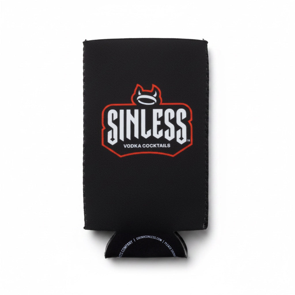 A black neoprene can cooler sleeve featuring the 'Sinless Vodka Cocktails' logo in white and red, shown on a clean white background.