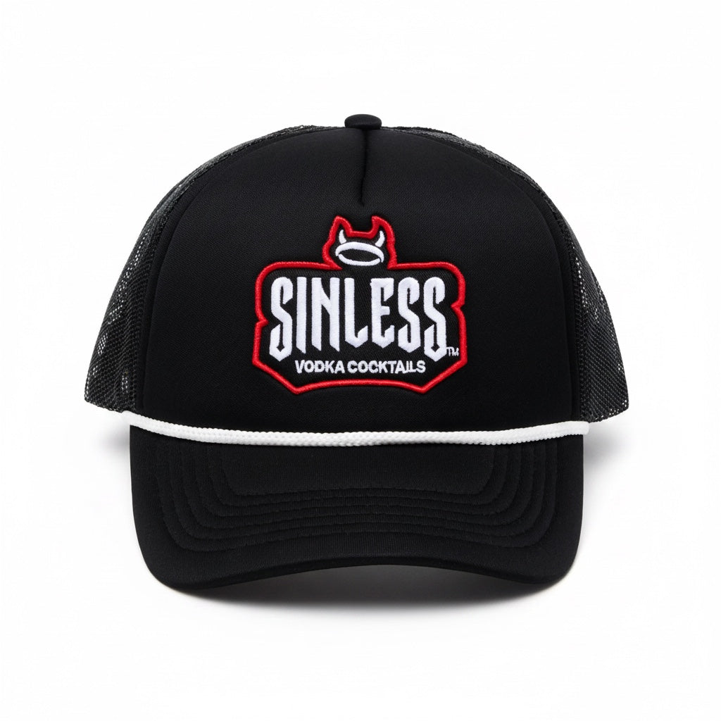 A black trucker hat against a white background. The Sinless logo is written in white across the front of the hat. Vodka cocktails is written under the logo in white. The logo is outlined in red. There is a halo with devil horns at the top of the logo. 
