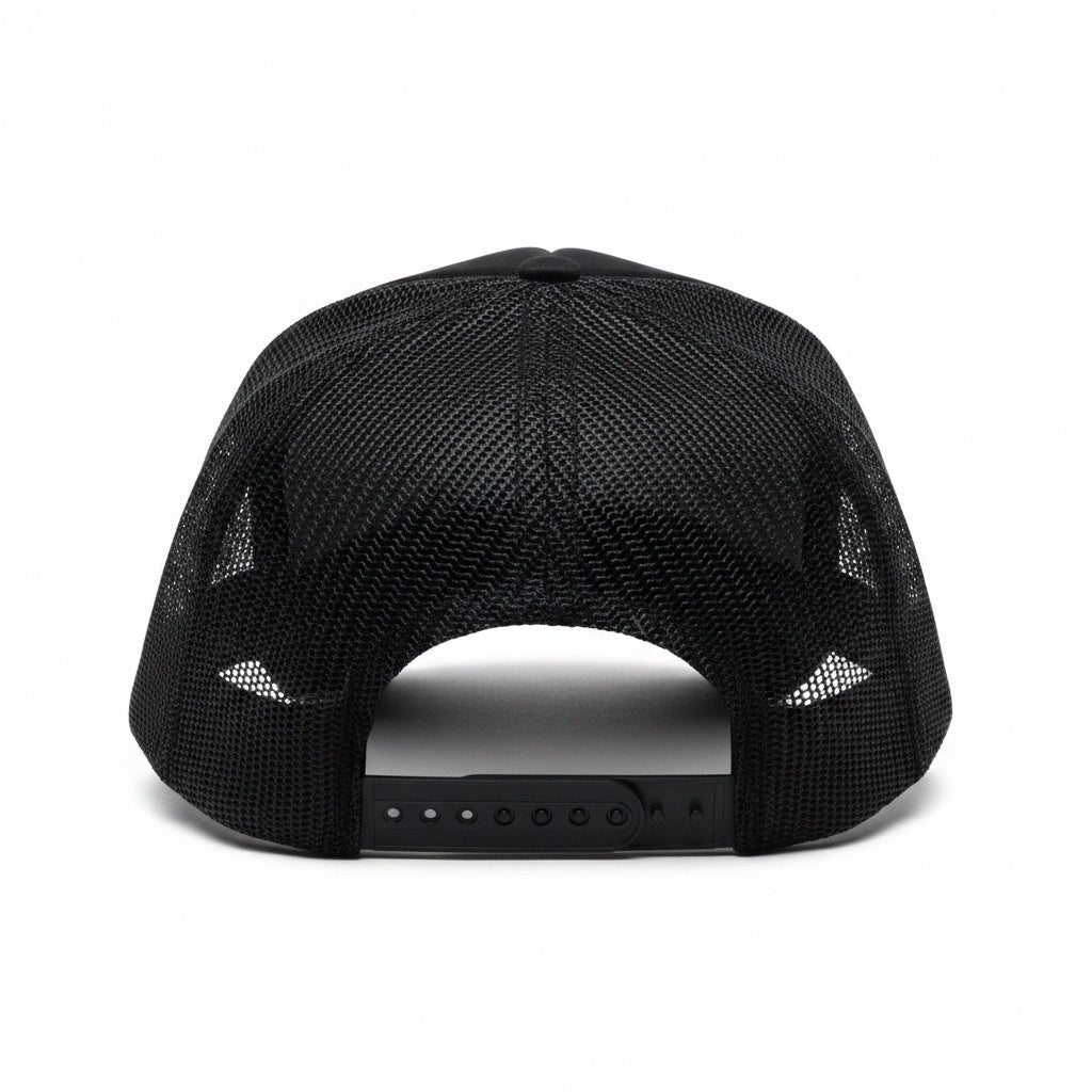 Back view of a mesh hat against a white background. 