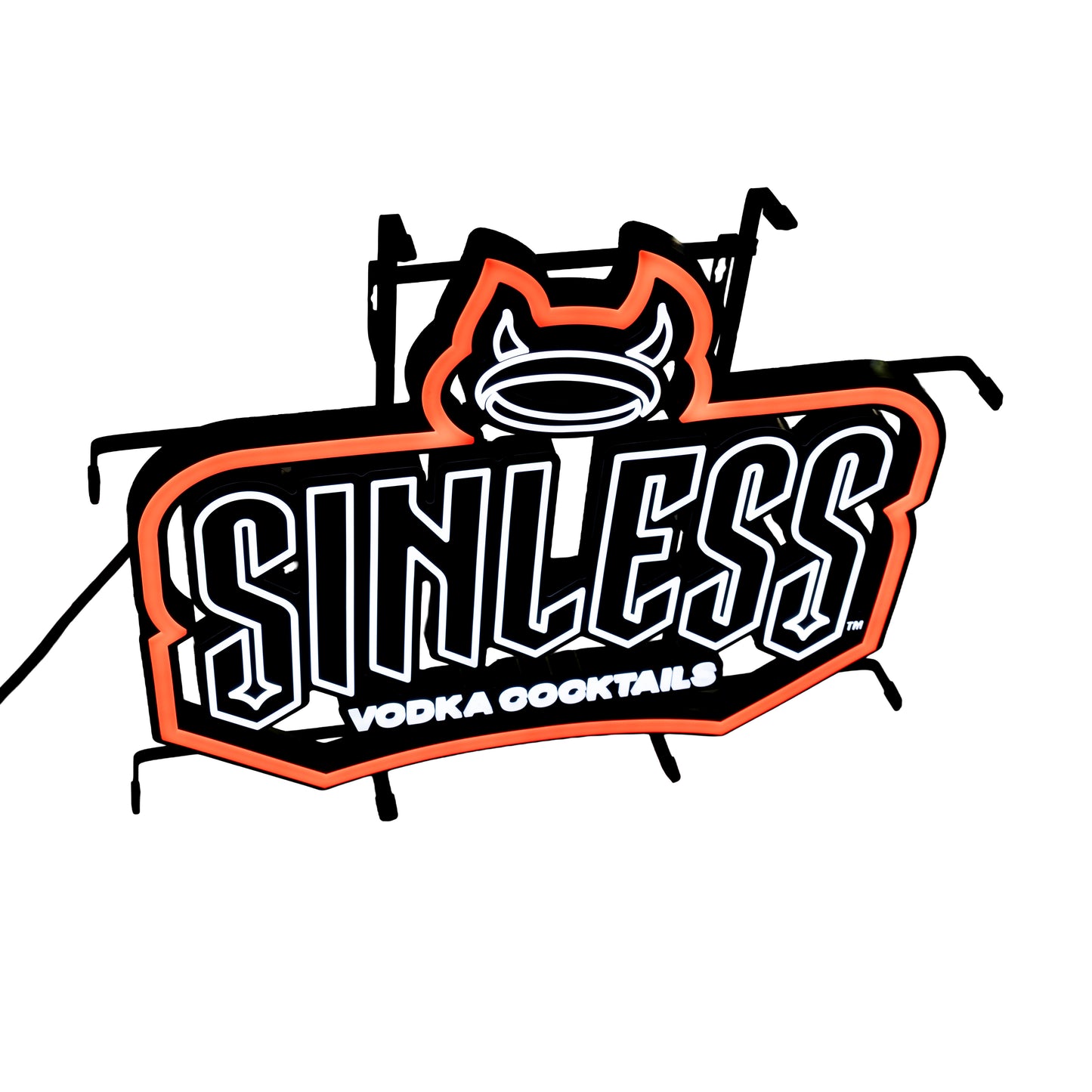 Sinless Vodka Cocktails LED neon sign close-up featuring devil horn halo logo in red and white bar wall decor