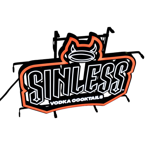 Sinless Vodka Cocktails LED neon sign close-up featuring devil horn halo logo in red and white bar wall decor