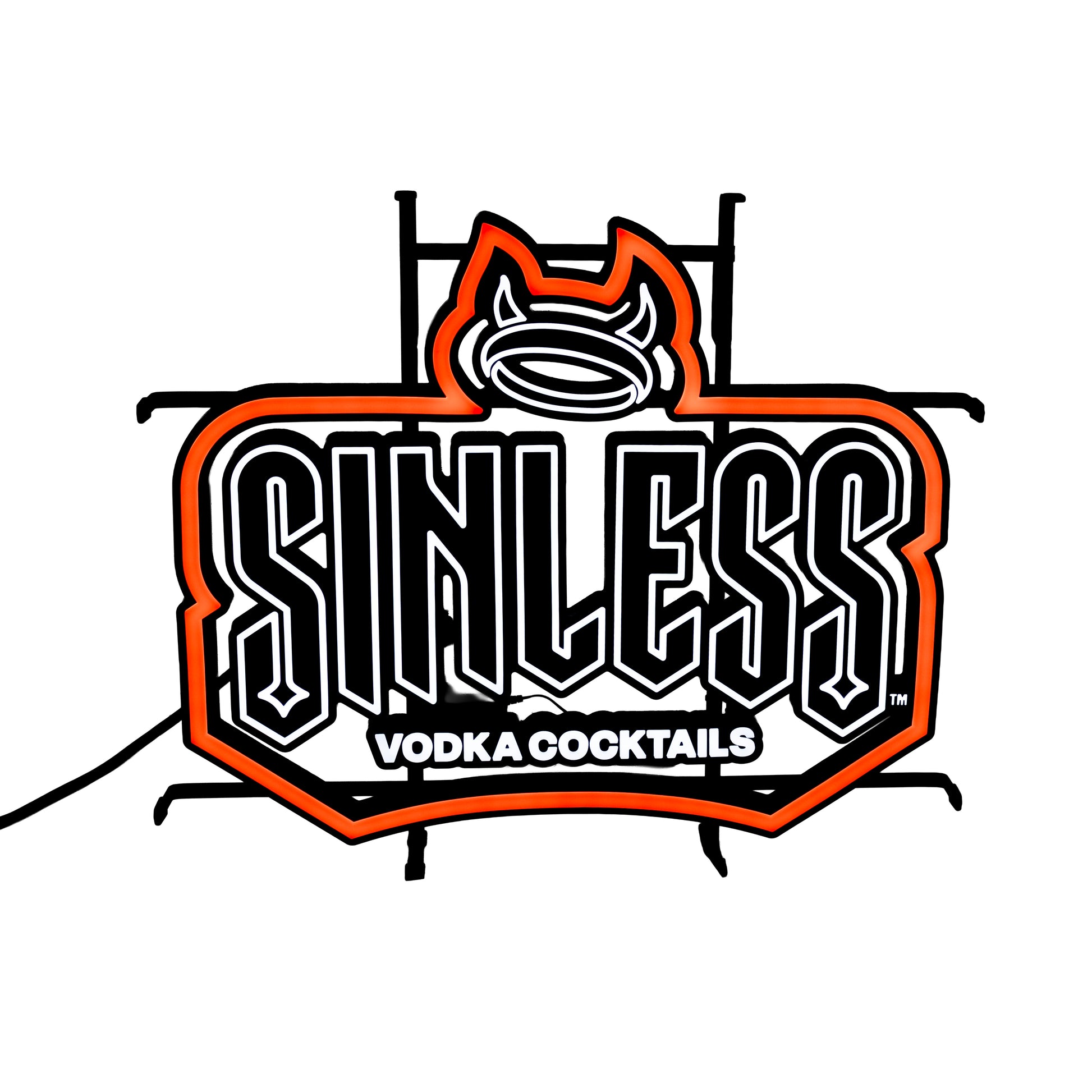 Sinless Vodka Cocktails LED neon sign close-up featuring devil horn halo logo in red and white bar wall decor