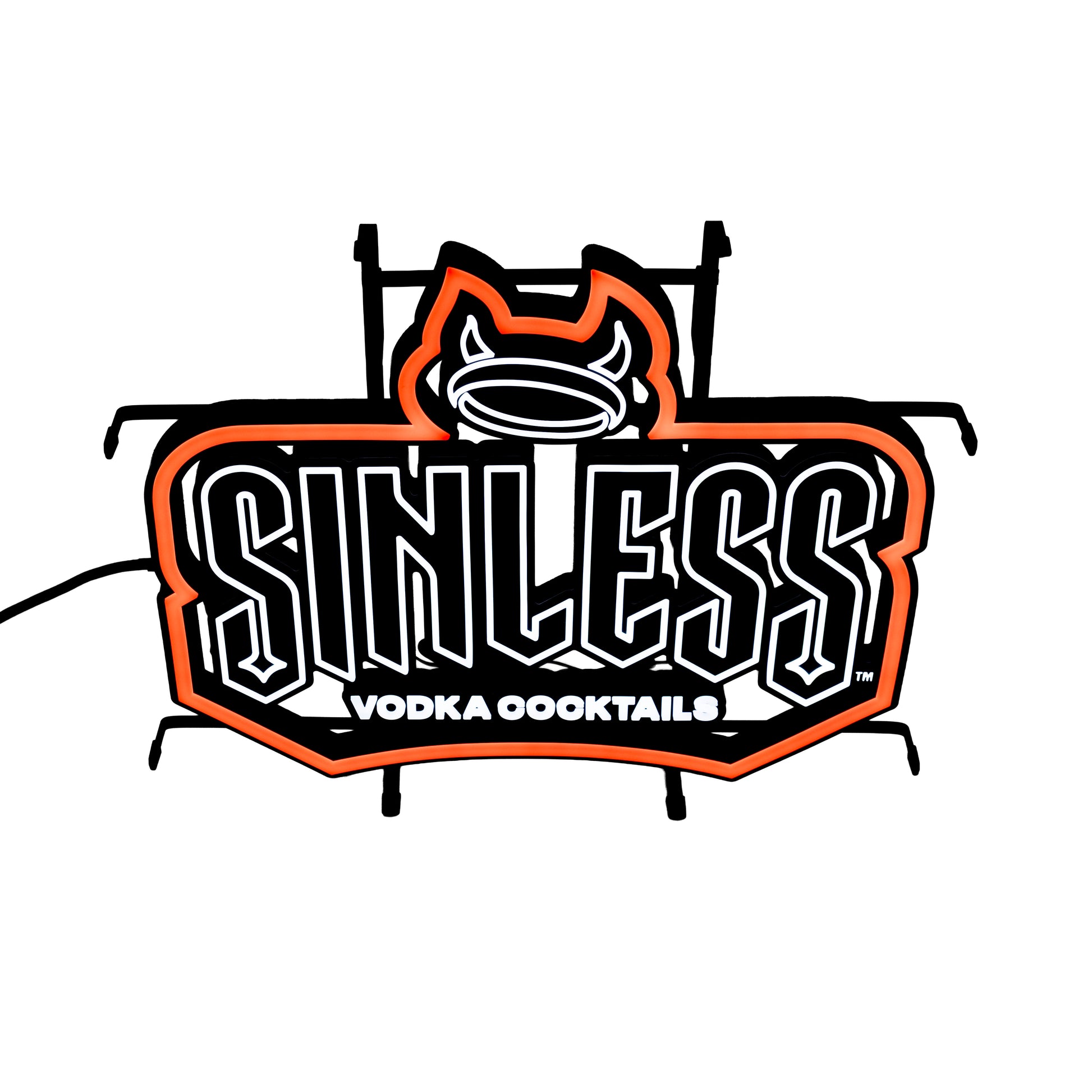 Sinless Vodka Cocktails LED neon sign close-up featuring devil horn halo logo in red and white bar wall decor